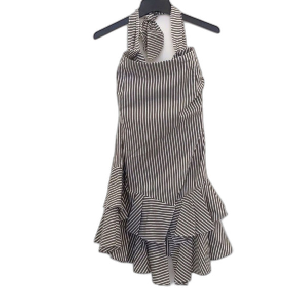 NEW Womens'  Vertical Gray White Stripe Open Back Halter Ruffled Dress Size 14 - Picture 1 of 10